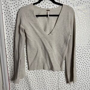 Free People Cream Ribbed V-Neck Top